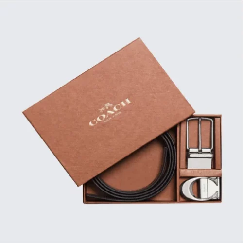 Custom belt packaging box with luxury branding.