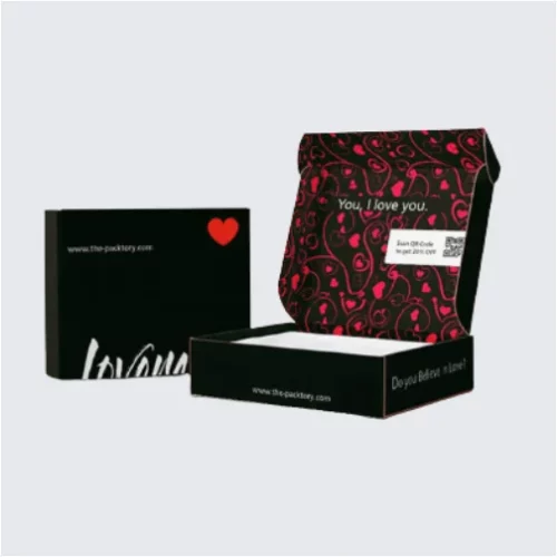 Black Mailer Boxes with red color design inside the box and white text of brand logo outside the box