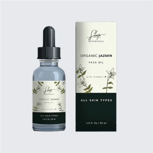 Eco-friendly skincare oil packaging box with logo.