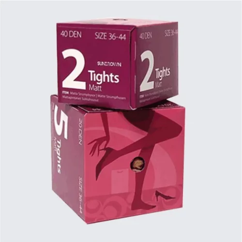 Eco-friendly tights packaging featuring custom graphics.