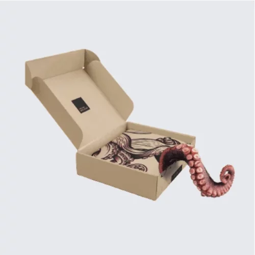 Custom swimwear packaging box with tropical design.