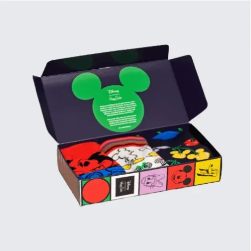 Custom socks packaging box with vibrant patterns.